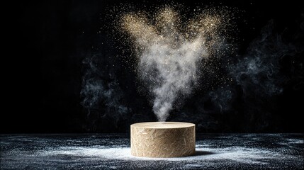 A cylindrical wooden object sits on a dark surface, with a dynamic explosion of white and gold powder erupting upwards, creating a smoky, ethereal effect agains