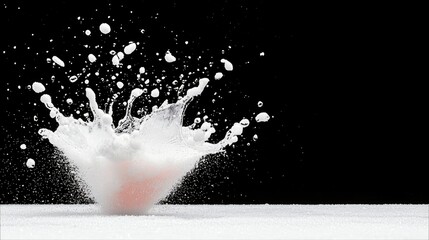A dynamic explosion of white powder and liquid splashes erupting upwards against a stark black background, with a hint of orange beneath the powder. The scene i