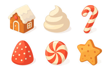 Candy Icon Collection. Candy Creations flat icon set : gingerbread house, frosting swirl, candy cane, gumdrop, peppermint disc, cookie star