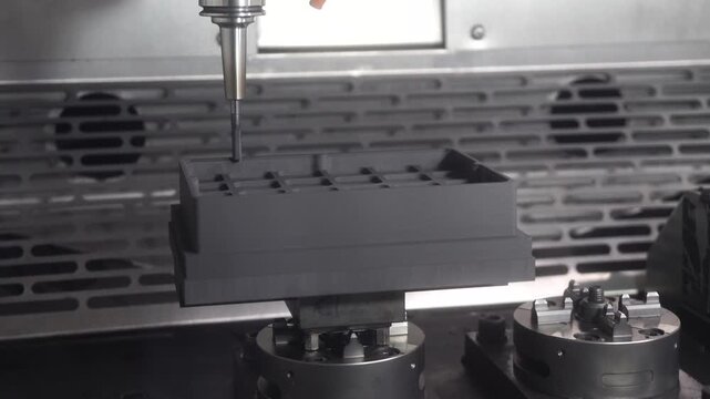 The CNC milling machine cutting the graphite electrode parts with solid flat nose end mill tool.