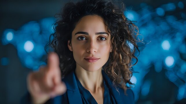 Young woman with curly hair touching virtual interface against blue digital background, showcasing future technology interaction. - Powered by Adobe