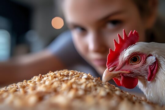 White chicken with red comb in foreground with seeded bread loaf, child watching curiously in soft focus background. Farm to table concept.