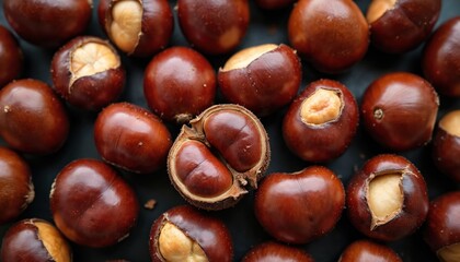 Obraz premium Close-up shows fresh chestnuts on dark surface. Nuts natural texture. Brown color highlights freshness. Single peeled fruit insides. Autumn harvest for tasty dishes ingredients. Healthy snack.