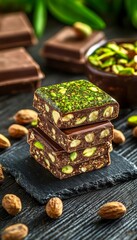 Obraz premium Decadent layers of nougat and chocolate ganache topped with pistachios, a tempting dessert treat.