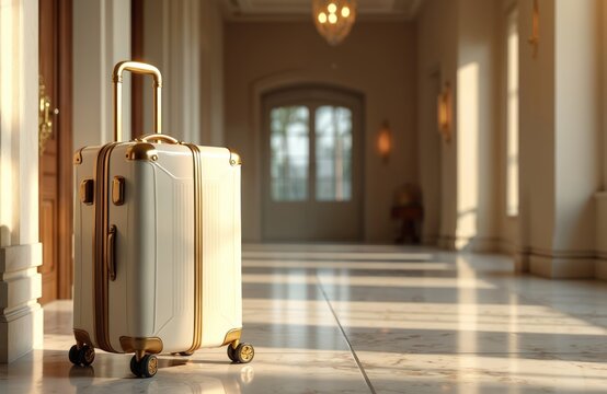 Stylish cream, gold travel suitcase stands ready in luxurious hotel corridor. Bright morning sunlight casts long graphic shadows on polished marble floor tiles. Upscale apartment hall suggests