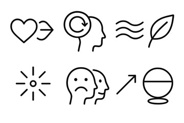 Icons of Emotional Transformation. Emotional Change linear icon set: heart transition, mindset shift bubble, clarity wave, letting-go leaf, renewal spark, evolving mood icon