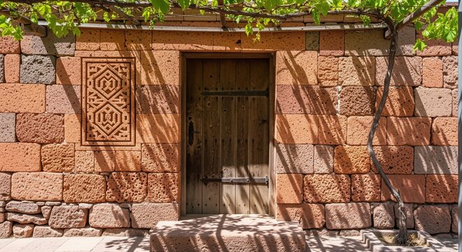 Old wooden door in red stone wall with decorative carving and green grapevine trellis above