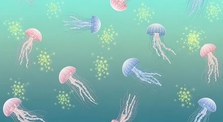 Glowing Jellyfish Illustration with Ethereal Sparkles Underwater Scene