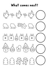 What comes next. Christmas black and white logical activity for children with holiday symbols. Winter logic succession worksheet. Continue row line game, coloring page with star, skate, snowman