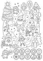 Vector black and white searching game with Christmas landscape. New Year line seek and find printable activity, coloring page for kid. Winter holiday worksheet with Santa Claus, animal skating on rink