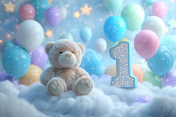 A soft teddy bear sits on fluffy clouds, surrounded by colorful balloons. This whimsical and festive scene is perfect for a child's birthday party or card