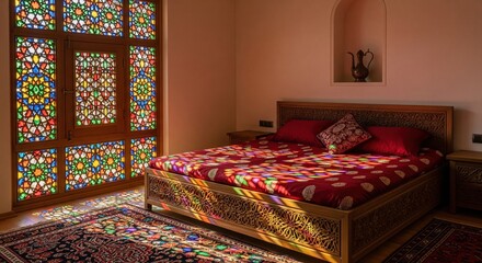 Traditional bedroom interior with stained glass window and carved wooden bed in eastern style