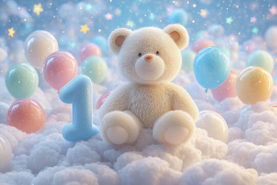 A soft, plush teddy bear sits on fluffy clouds surrounded by colorful balloons. The scene is whimsical and festive, perfect for a child's birthday celebration. - Powered by Adobe