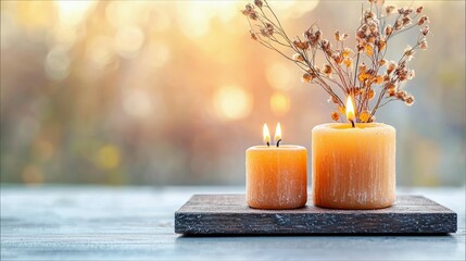 Two lit candles, one taller than the other, with dried flowers in the taller candle. They are placed on a rustic wooden board, with a blurred background of gold