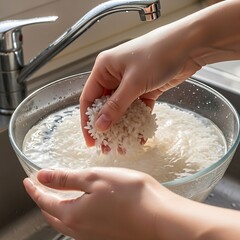 Hands delicately washing uncooked rice in a clear bowl under running water