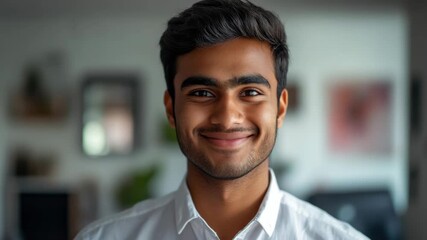 South Asian boy with beard, wearing formal shirt, posing against white wall in office setting.