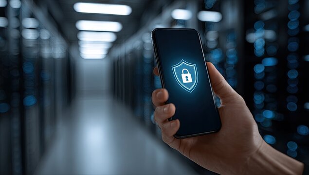 Hand holds a smartphone displaying a security shield with a padlock icon in a data center - Powered by Adobe