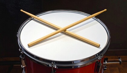 Red drum with crossed drumsticks on white surface.