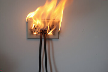Electrical Fire Hazard: Burning Wall Outlet with Flames & Black Wires - Home Safety, Electrical Malfunction, Fire Prevention, Danger Image