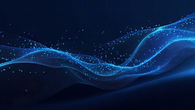 Abstract blue waves of light and particles move against a dark blue background