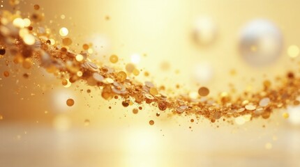 Sparkling gold glitter and confetti on a festive background. Abstract luxury celebration concept with bokeh lights. Golden wallpaper with copy space