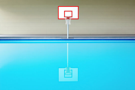 Surreal Basketball Hoop Above Water: Dreamy Reflection Art, Minimalist Poolside Scene, Contemporary Still Life, Unique Sports Imagery