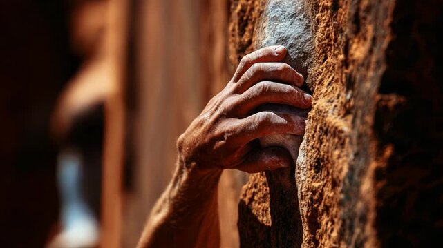 A close-up view of a climber's hand gripping a rocky surface, showcasing the determination and skill required in rock climbing, as well as the raw beauty of nature's formations.