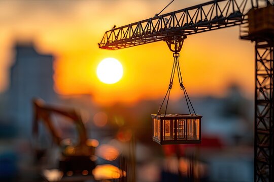 Miniature construction site at sunset, crane lifting illuminated cargo, with excavator visible