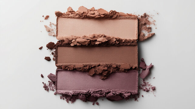 Colorful top-down view of pressed eyeshadow palettes with loose powder scattered around for makeup enthusiasts