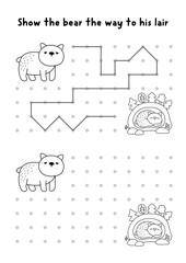 Christmas or New Year drawing, writing, tracing, space orientation activity for kids with brown bear going to lair. Draw lines in box according example. Winter holiday printable game, puzzle