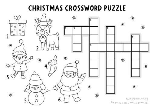 Vector Christmas crossword puzzle for kids. Black and white New Year quiz with Santa Claus, deer, elf, present, snowman, stocking. Line winter holiday educational cross word activity, coloring page