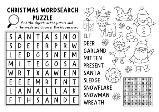 Vector Christmas word search puzzle for kids. Black and white New Year wordsearch quiz with Santa Claus, deer, elf, snowman. Winter holiday line educational cross word activity, coloring page