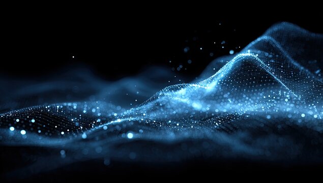 Glowing blue digital wave-like structures with shimmering particles on a black background - Powered by Adobe