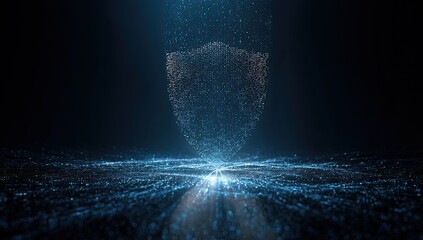 Digital shield composed of particles radiating light on a dark abstract background