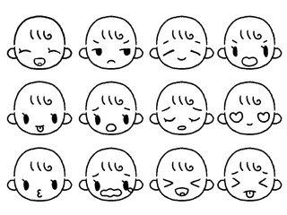 手描きの赤ちゃんの表情セット白黒１