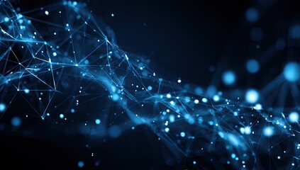 Abstract, futuristic, blue glowing network of connected dots, and lines against a dark backdrop