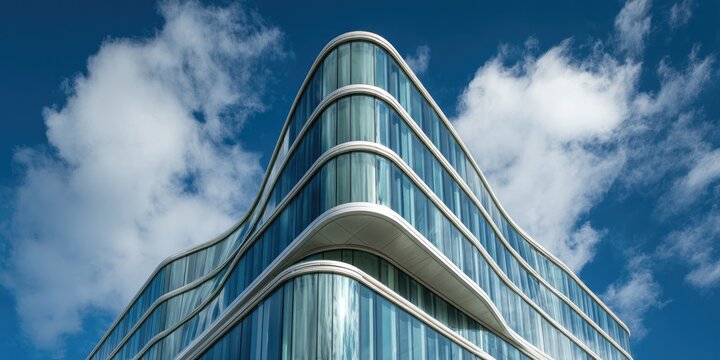 Modern architectural structure with curved glass windows, set against a vibrant blue sky with fluffy white clouds