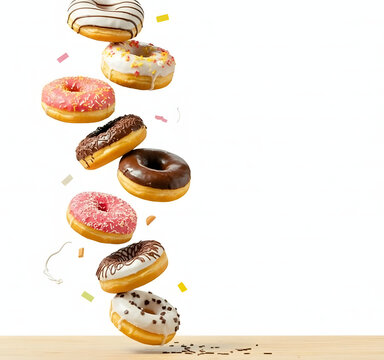 Flying donuts isolated on white. Mix of multicolored sweet doughnuts with sprinkel falling on the table