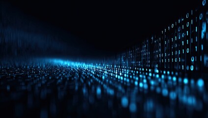 Glowing blue dots and binary code flow across a dark background, suggesting data processing