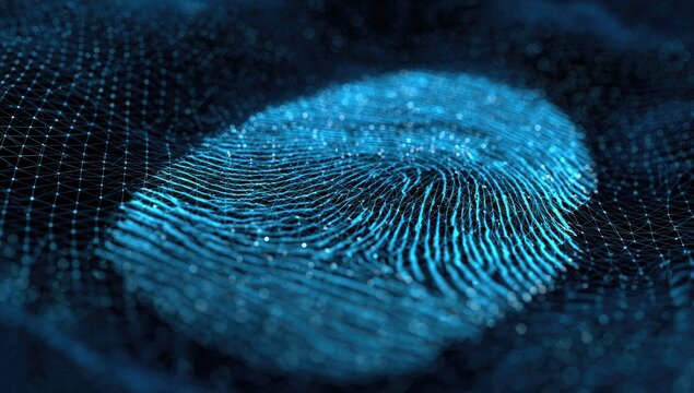 Digital rendering of a luminous fingerprint with a mesh overlay against a dark, textured background