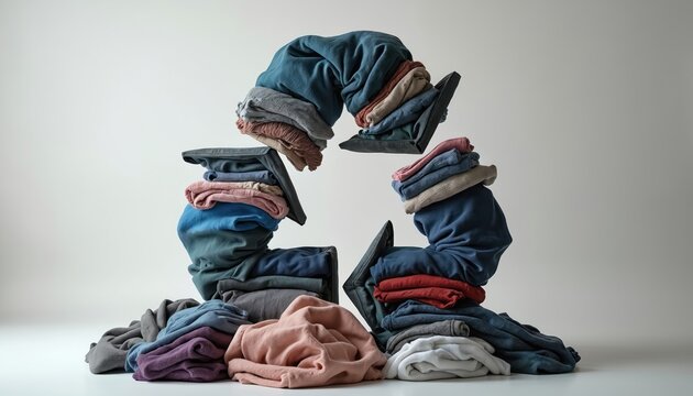 Recycling symbol made from used clothing pile. Concept of eco living sustainable fashion. Garment textile recycling idea. Symbol for reuse awareness, reduce waste. Apparel industry solution for eco