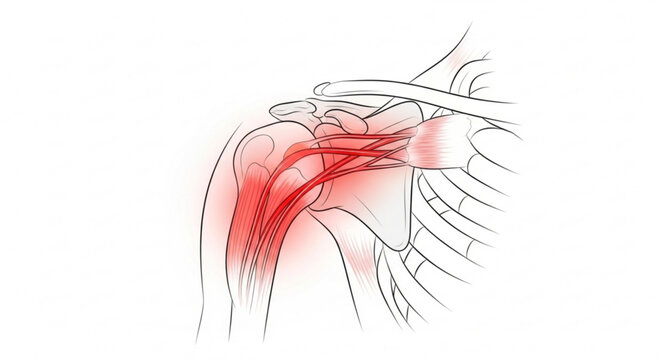 Illustration of a shoulder with visible muscles and tendons highlighted in red indicating pain area