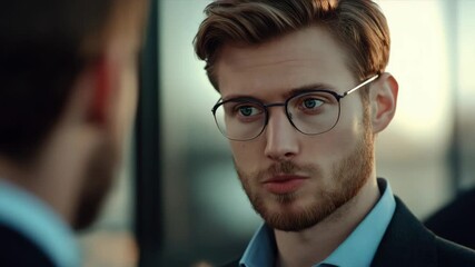 A man in glasses looking up with a serious expression, indicating professionalism or deep thought.