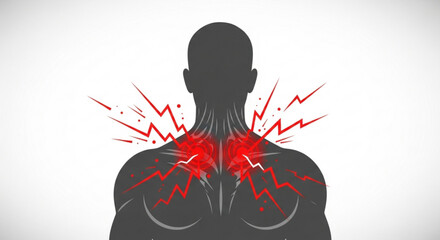Silhouette of person with red pain indicators around neck and shoulders showing discomfort sensation