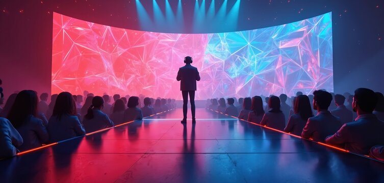 Man in headphones on stage. Audience watches immersive curved screen with abstract red blue light patterns. Futuristic tech concert experience in virtual metaverse event space. People attend digital