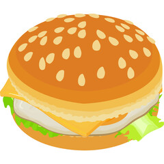 Isometric hamburger icon with sesame seed bun crisp lettuce melted cheese and a white background for food app design