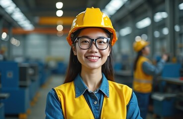 Young Asian woman engineer smiles at camera in modern factory. Wears yellow hard hat, glasses, safety vest. Another worker operates machinery in industrial workshop background. Pro female happy at