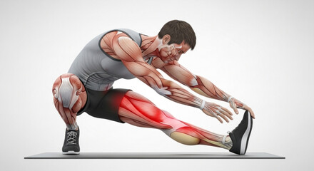 Anatomical illustration of a man stretching his leg muscles with emphasis on the affected area in red