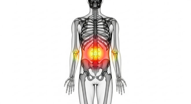Illustration of a human skeleton with highlighted lower back and arm joints indicating pain and inflammation