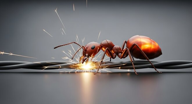 Micro robot ant repairing cable with sparks